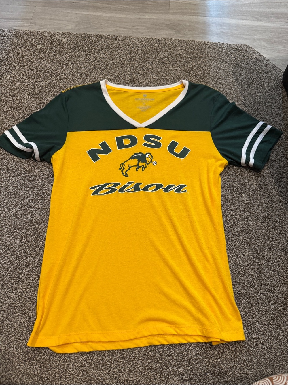 Colosseum NDSU Bison V-Neck Tee in Yellow and Dark Green